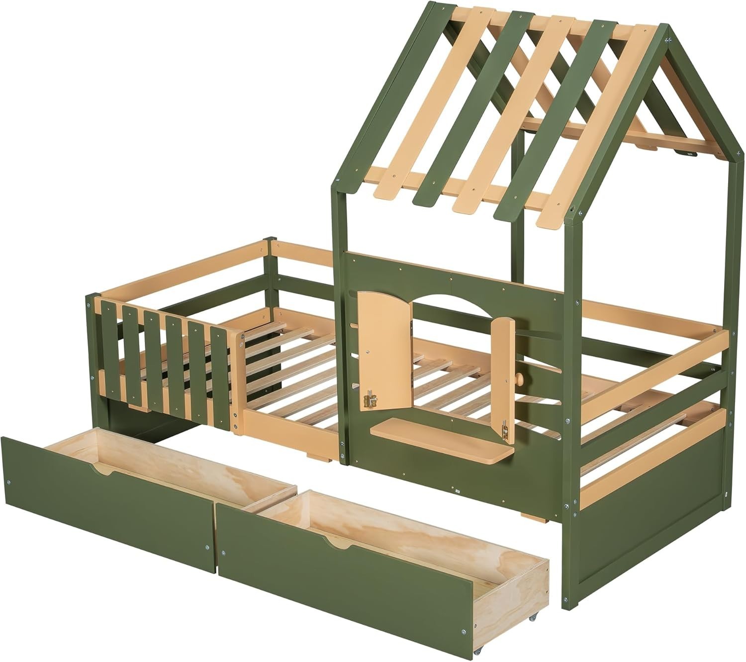 Kids Cabin Bed w/ Drawers 3FT Single Frame Pine House Style Safety Guard