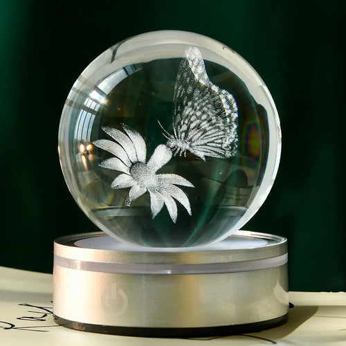 3D Butterfly Crystal Ball LED Light • Laser Etched Globe Ornament