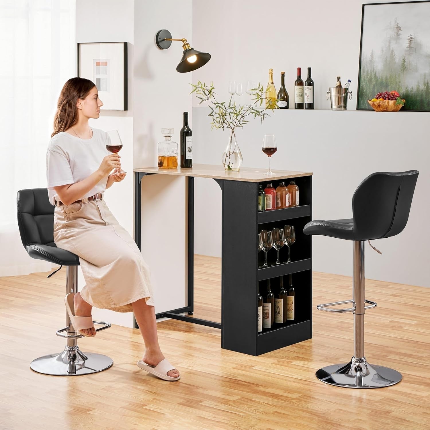Adjustable Swivel Bar Stools Set of 2 Black PU Counter Chairs