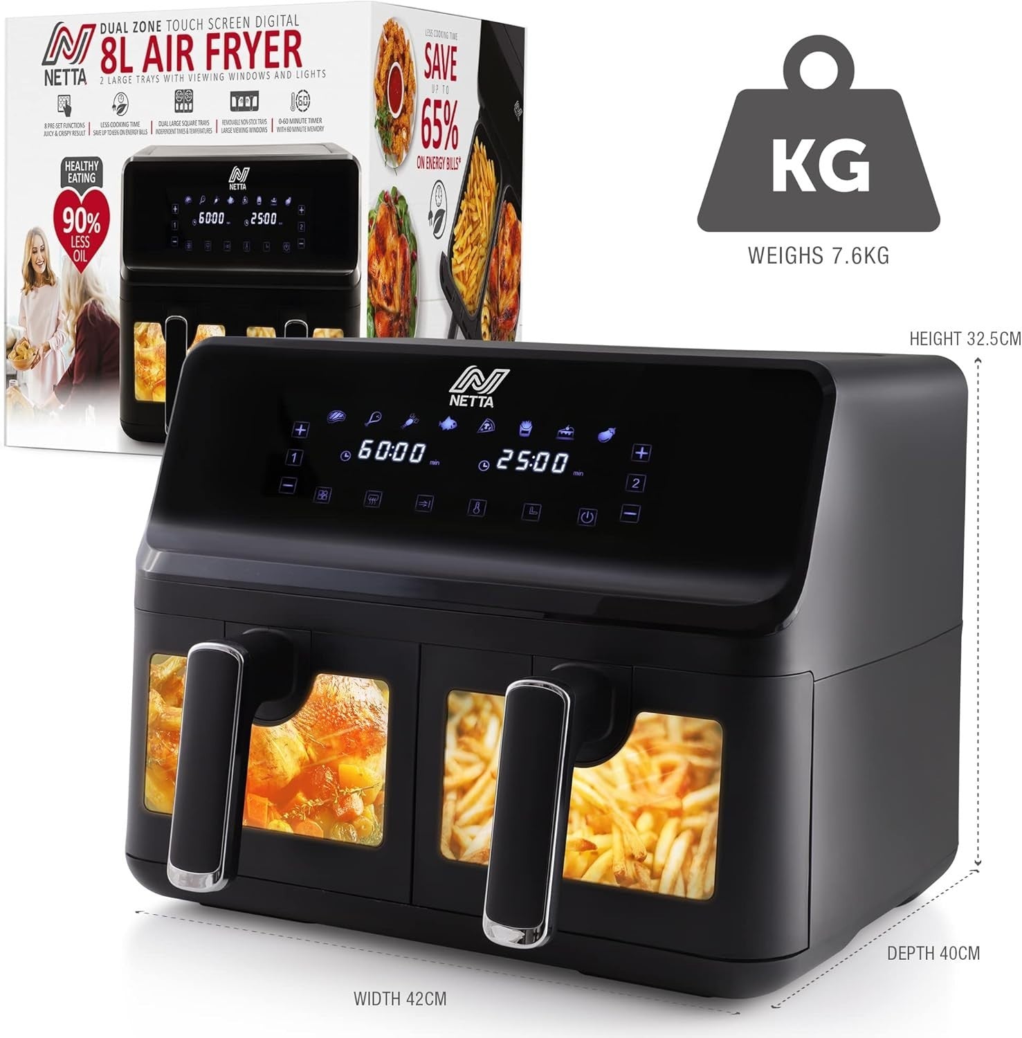 8L Dual Basket Air Fryer 2700W Digital Touch 8 Presets 60min Timer XL Black