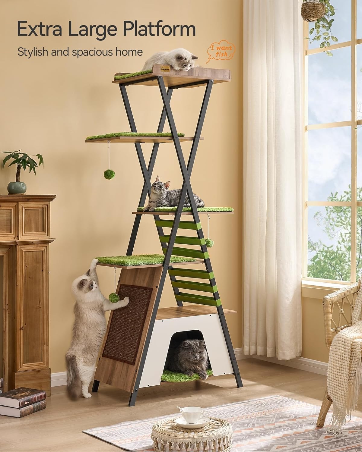 Modern Cat Tree Tower 184cm Multi Level Condo Scratcher with Ladder Perches