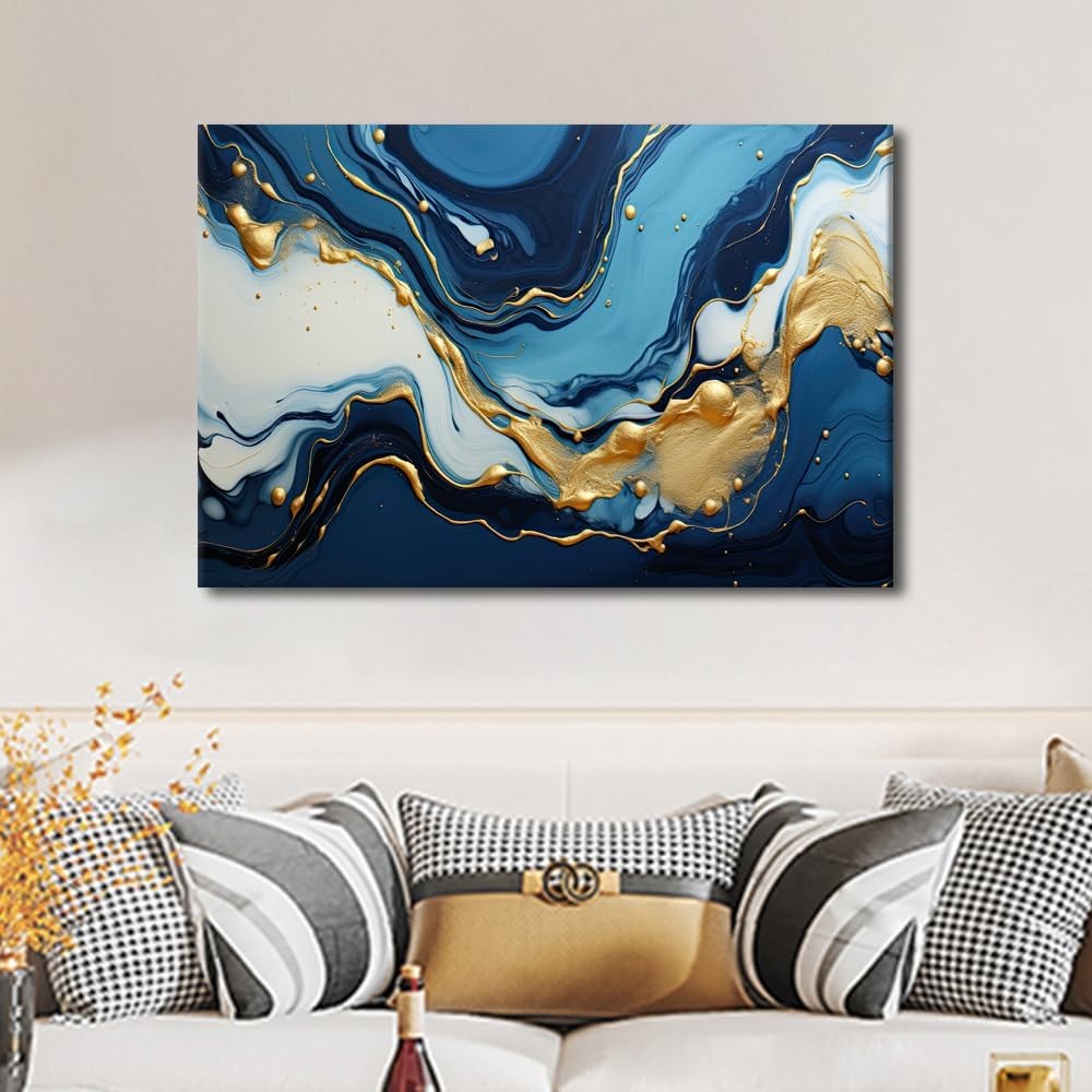 Blue Gold Marble Canvas Wall Art 90x60cm Framed