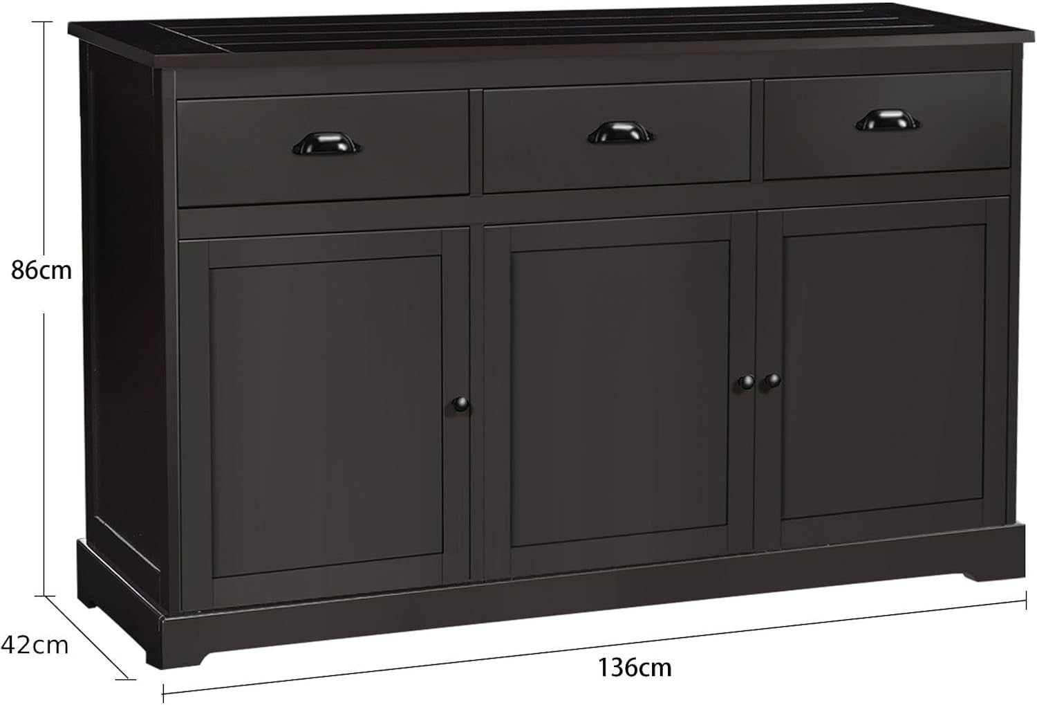 Dark Brown Large Sideboard Buffet Cabinet with 3 Drawers & Adjustable Shelves