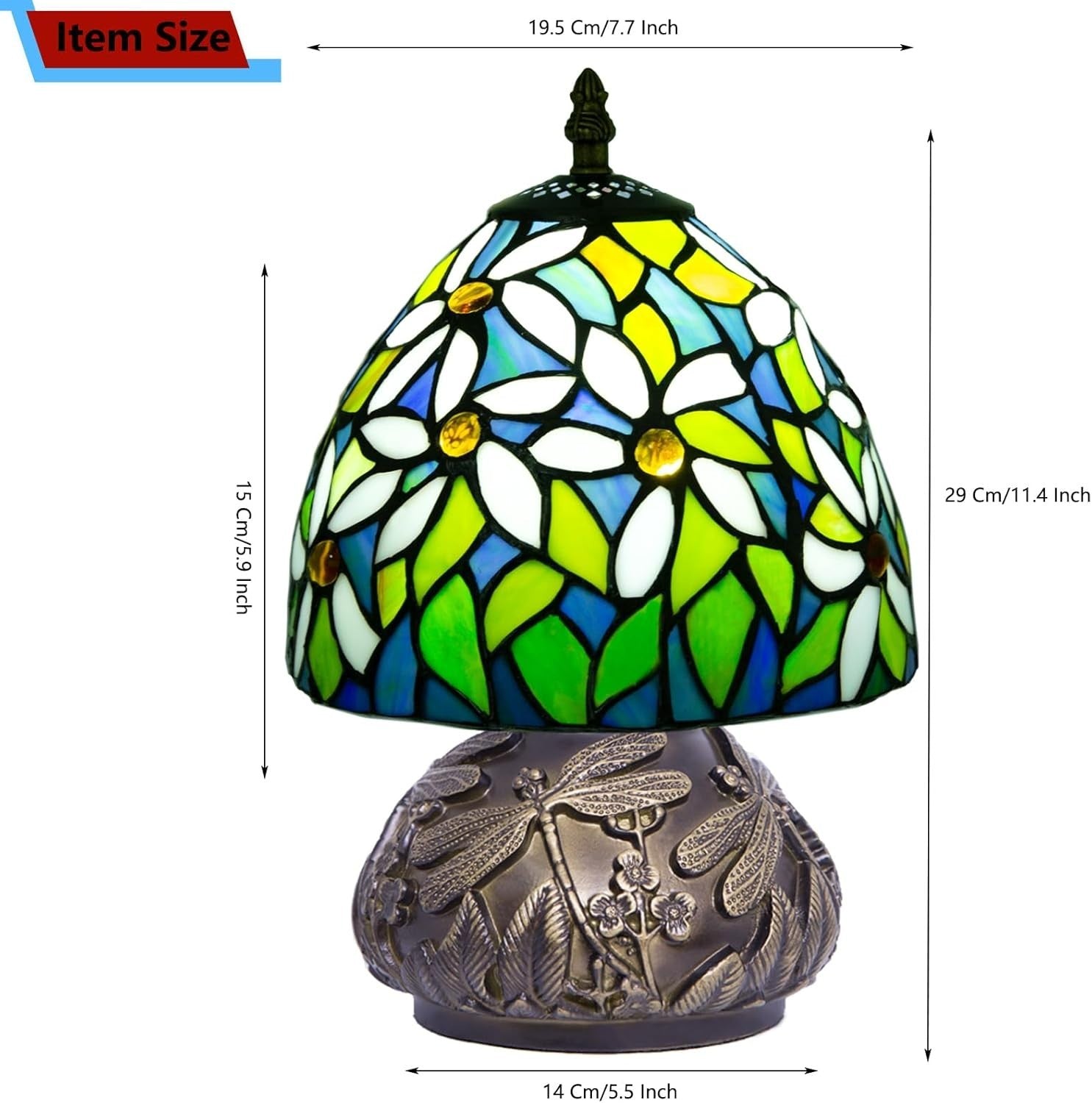 Small Tiffany Stained Glass Desk Lamp 8x8x11in 3 Color Temps White Flower