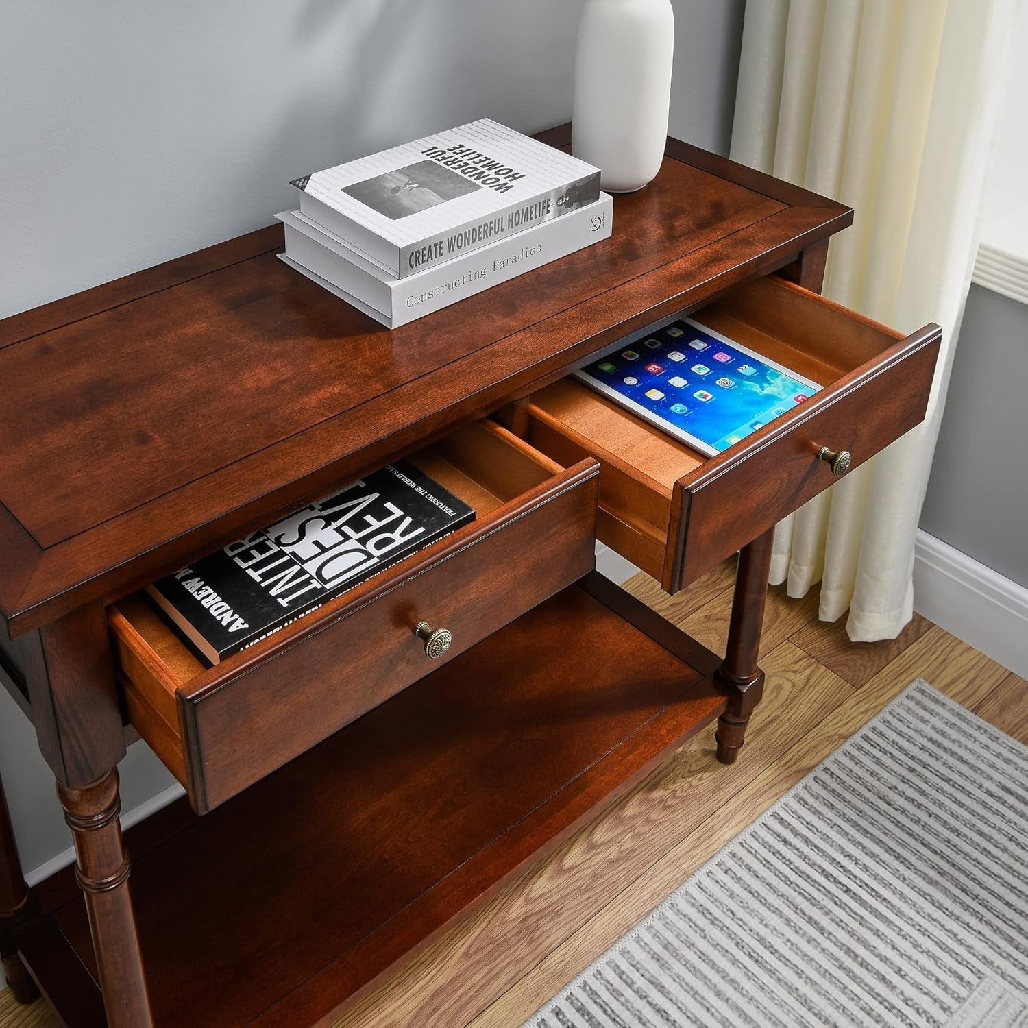 Solid Wood Console Table 90x35x77cm with 2 Drawers & Open Storage Shelf