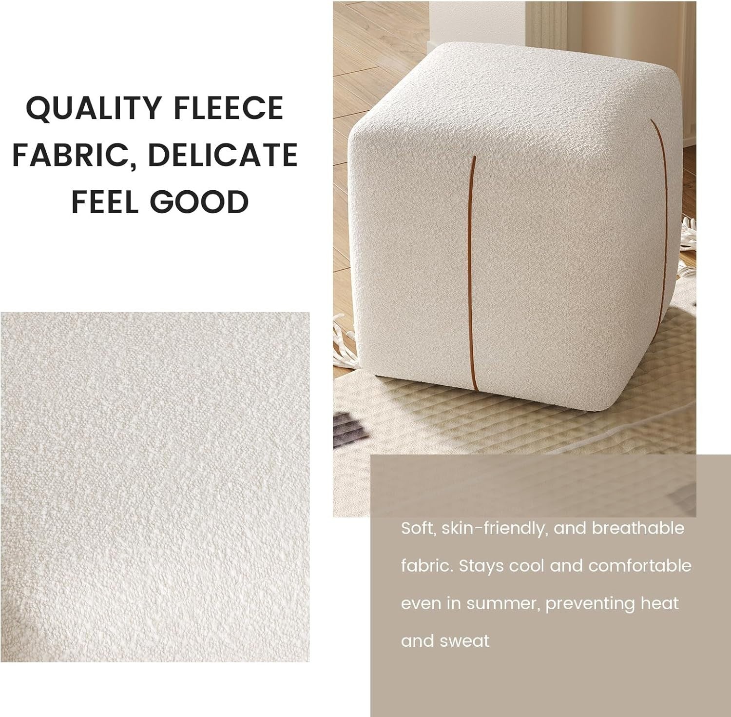 Beige Square Vanity Stool – Soft Fabric Ottoman Seat for Bedroom & Living Room