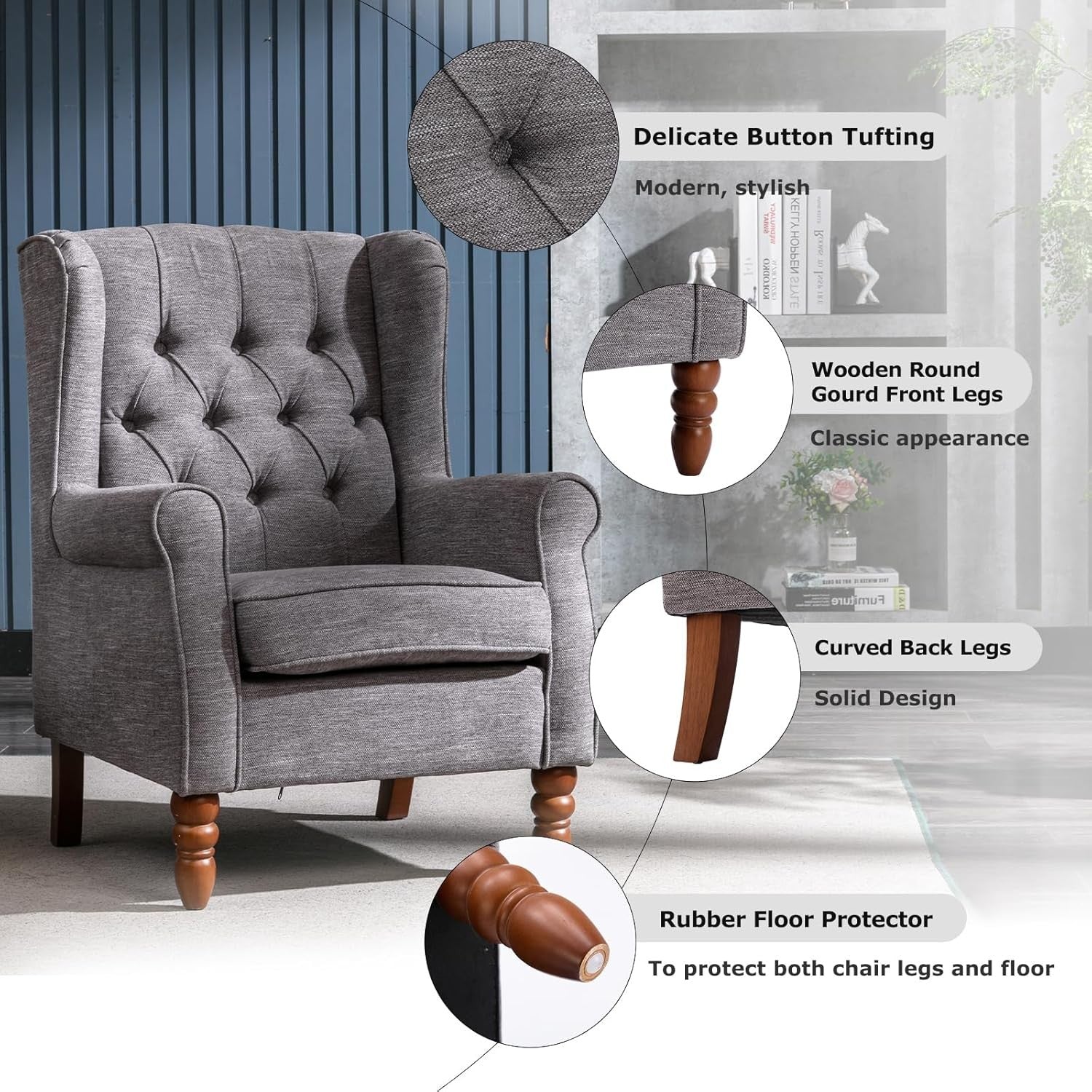 Grey Wingback Accent Armchair Button Tufted Fabric Lounge Chair