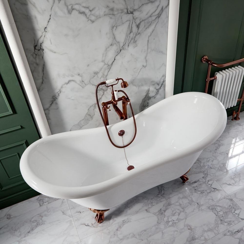 White Double Ended Freestanding Slipper Bath 1750x730mm Bronze Claw Feet