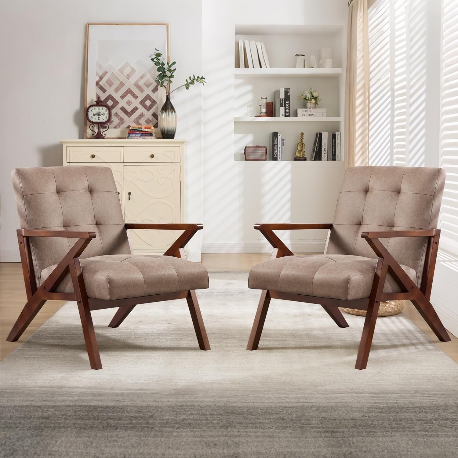 Mid‑Century PU Leather Accent Chair Set of 2 – Khaki Lounge Armchairs
