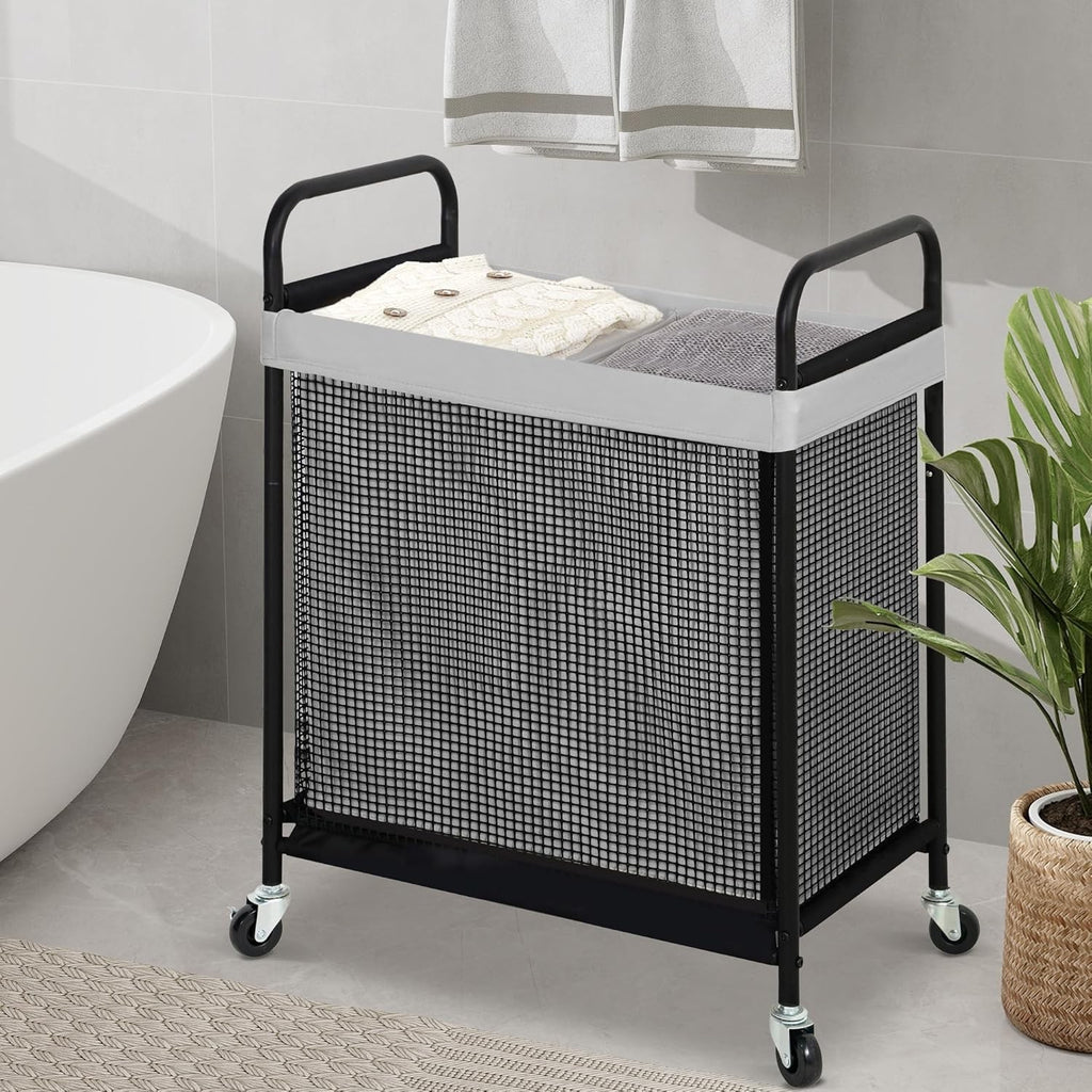 100L Rolling Laundry Hamper 2 Section Cart with Wheels Removable Washable Bag