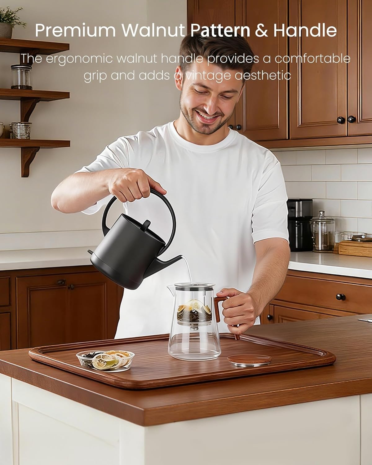 Magnetic Glass Teapot 1000ml Tea Pot w Infuser Walnut Handle Lid