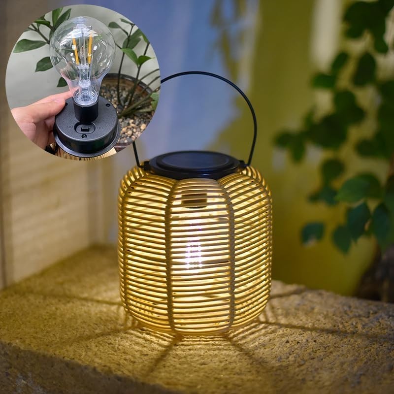 Japanese Hanging Solar Lantern – Rattan Outdoor Garden Light (Size C)