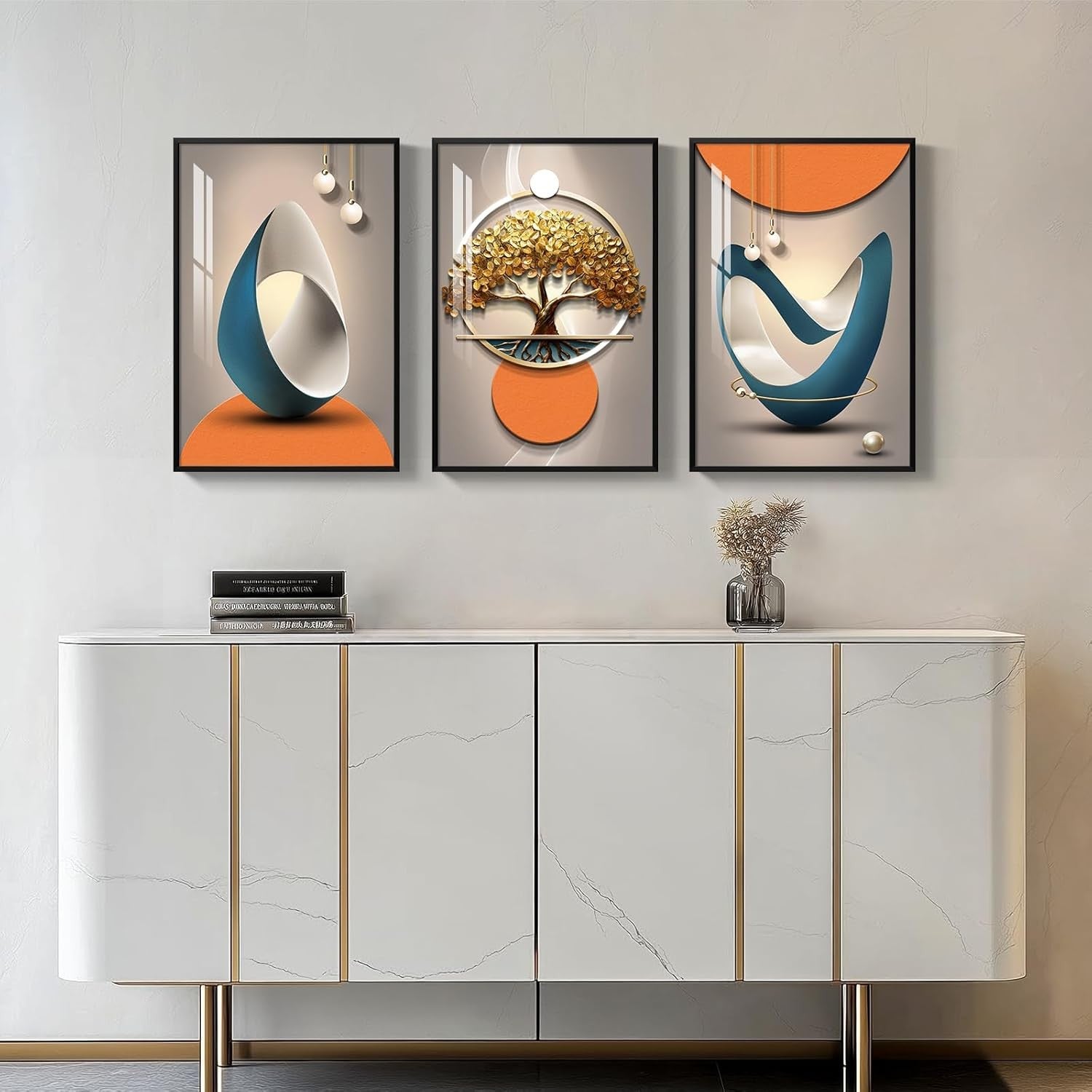 Framed Abstract Wall Art Set of 3 Modern Orange Grey Prints