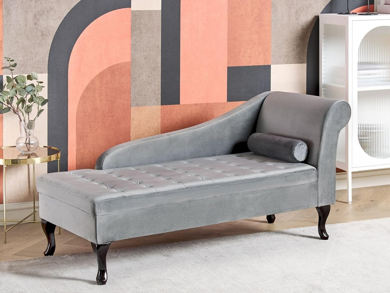 Grey Velvet Storage Chaise Lounge Right-Hand Sofa Seat 133cm Retro Style