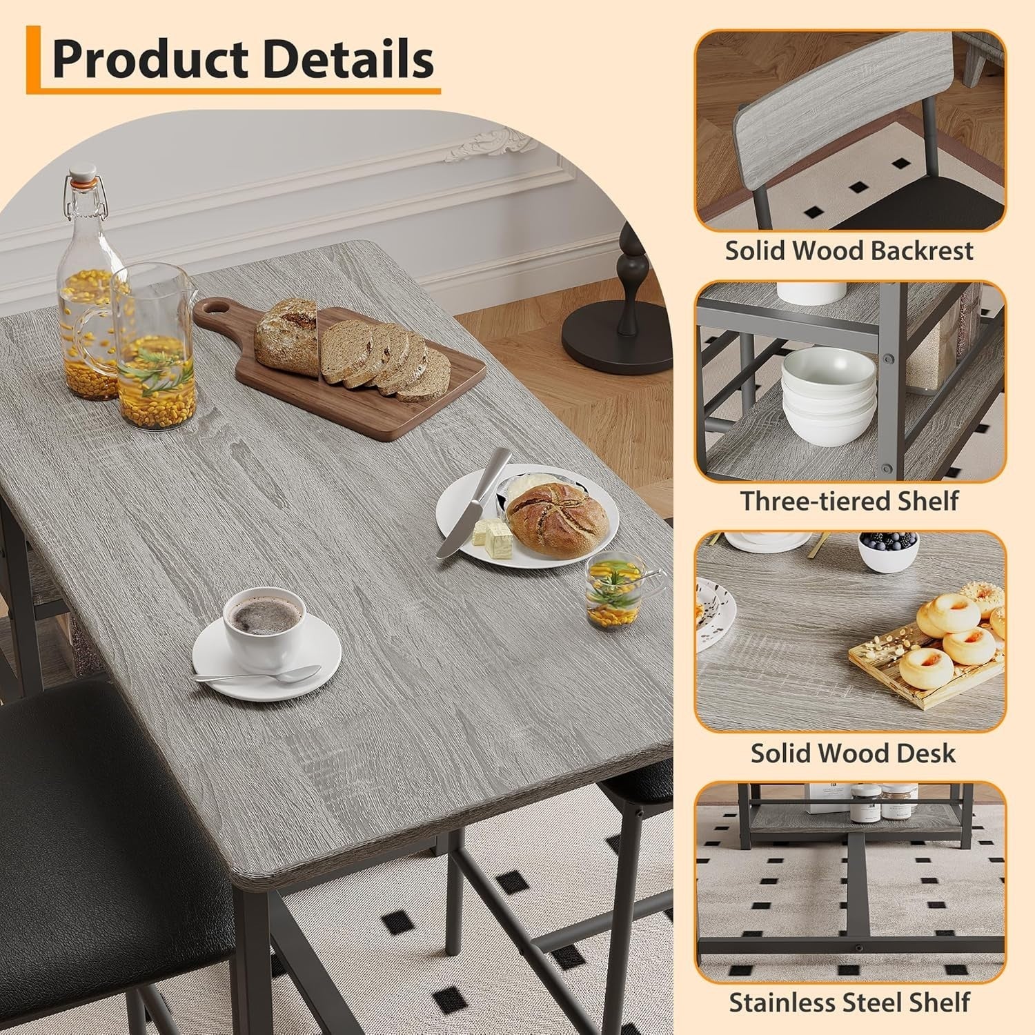 3-Piece Rustic Brown Bar Table Set with 2 Stools & 3 Storage Shelves Dining Set
