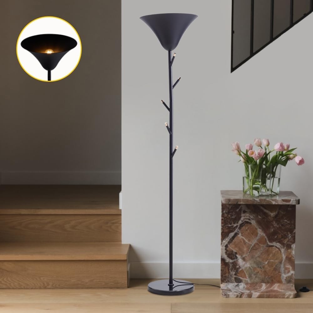 Black Floor Lamp with Coat Rack Hooks Standing Reading Light E14
