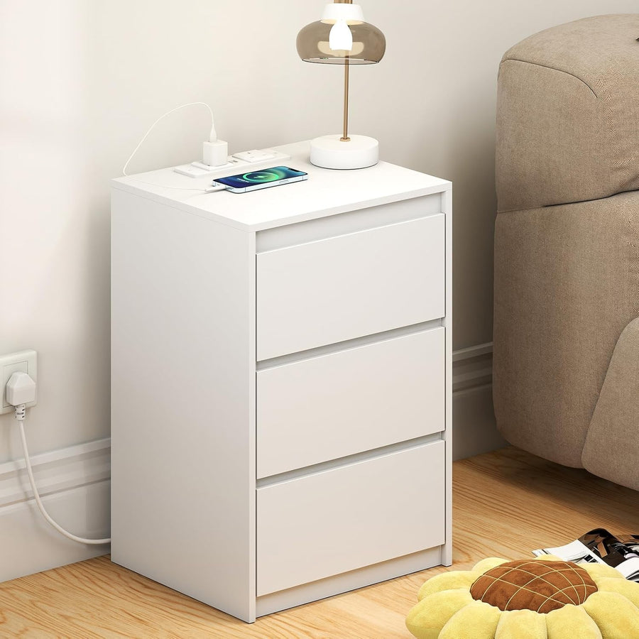 White Bedside Table with 3 Drawers & Power Station, Modern Wooden Nightstand