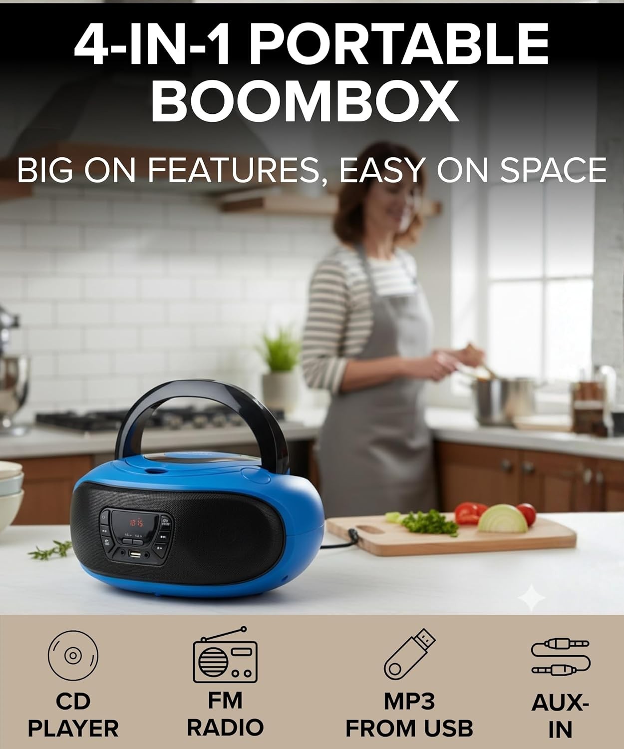 Portable Boombox CD Player FM Radio USB AUX Stereo Speakers Blue