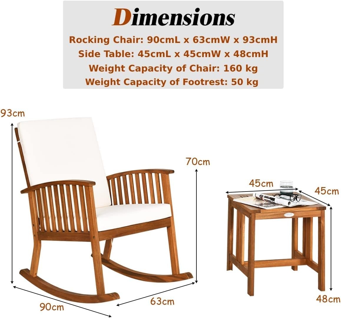 Garden Rocking Chair with Side Table, Acacia Wood, Padded Seat Outdoor Set