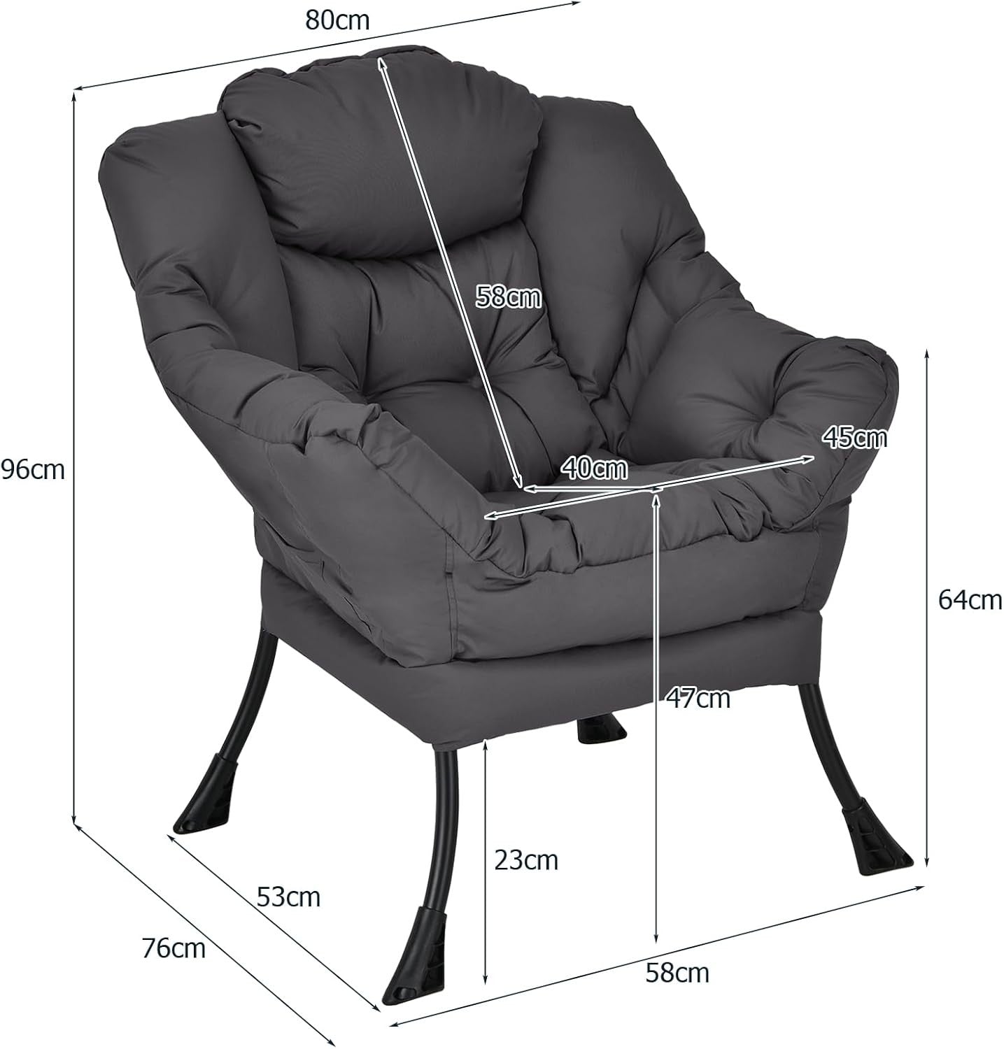 Fabric Lounge Armchair Comfy Reading Chair Metal Frame Grey