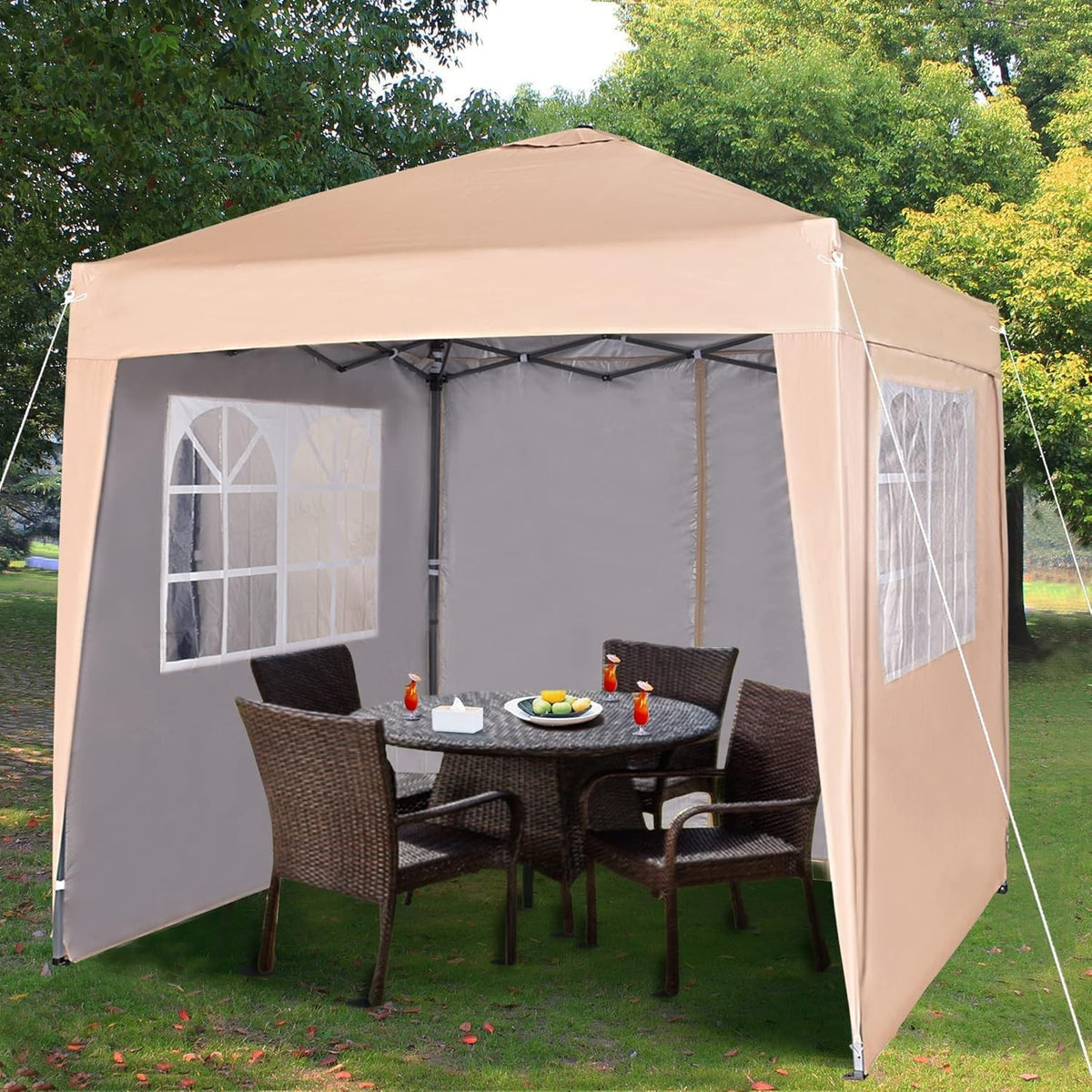 2x2m Pop Up Gazebo Waterproof w/ Sides Beige Silver Protective Canopy