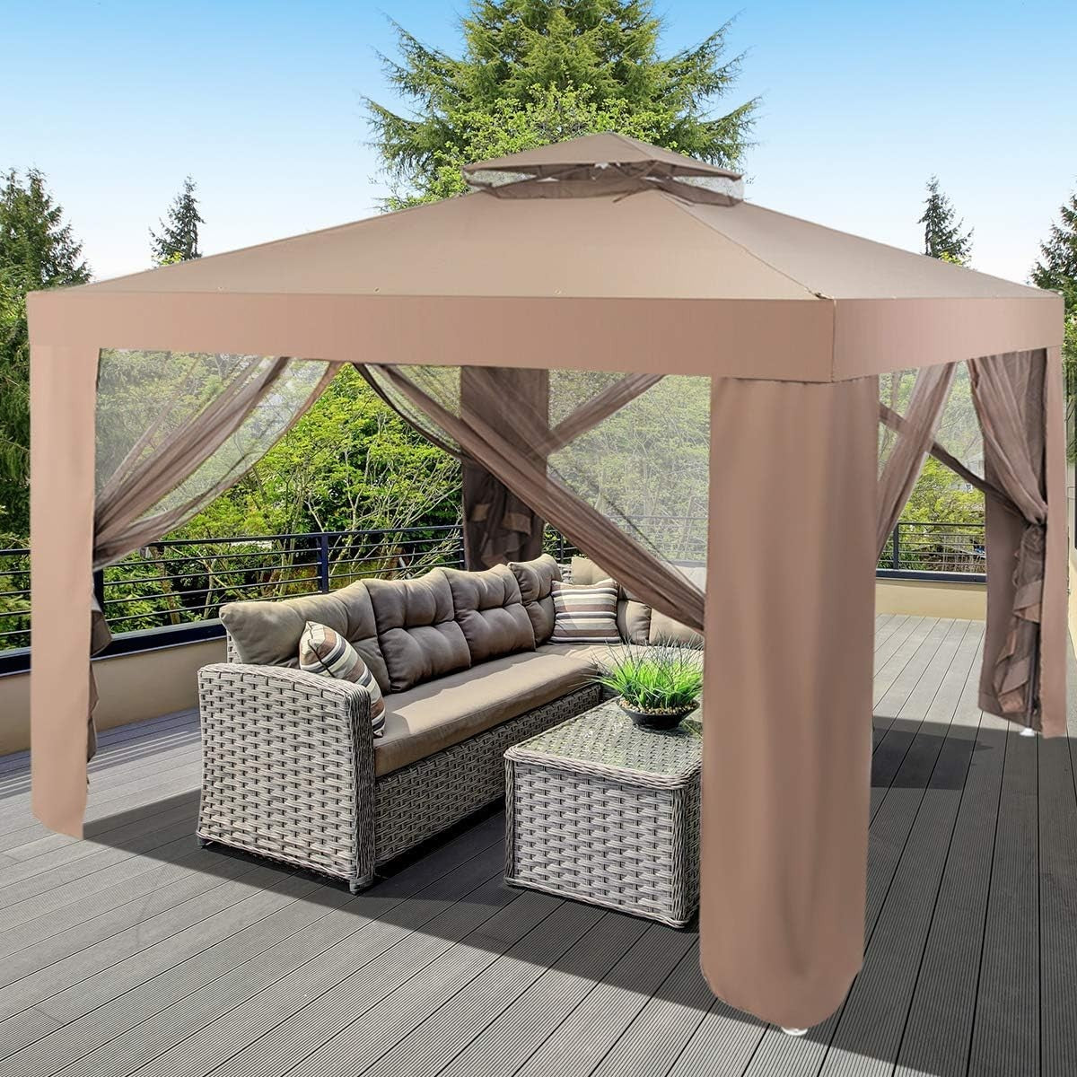 3x3M Brown Outdoor Gazebo With Zipped Mesh Sidewalls Double Roof Patio Tent