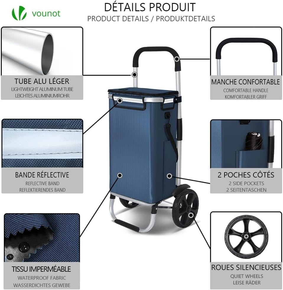 58L Folding Shopping Trolley Navy Blue Aluminium Basket with Cooler Bag