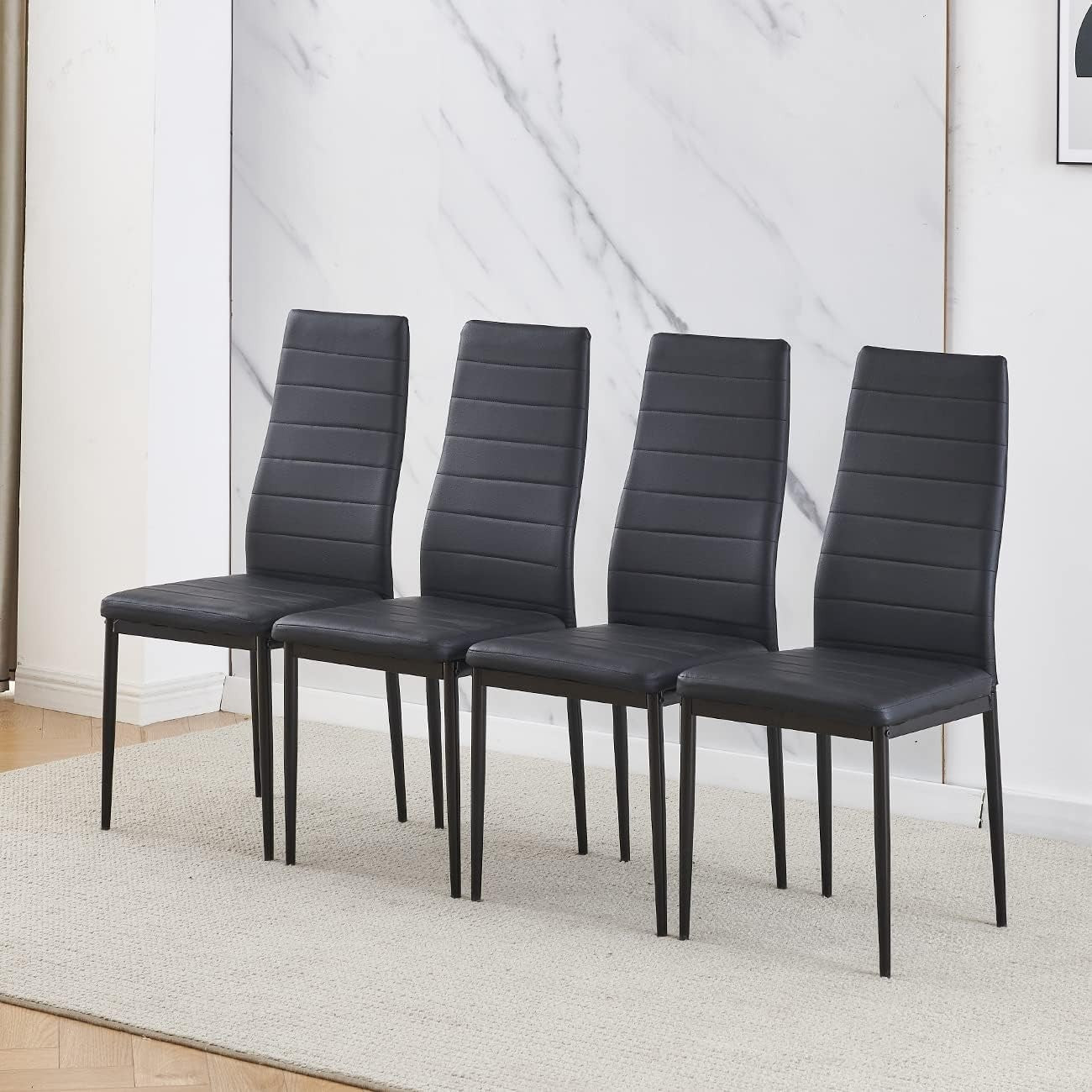 Grey Wood Dining Table & 4 Black Leather Chairs Space-Saving Set