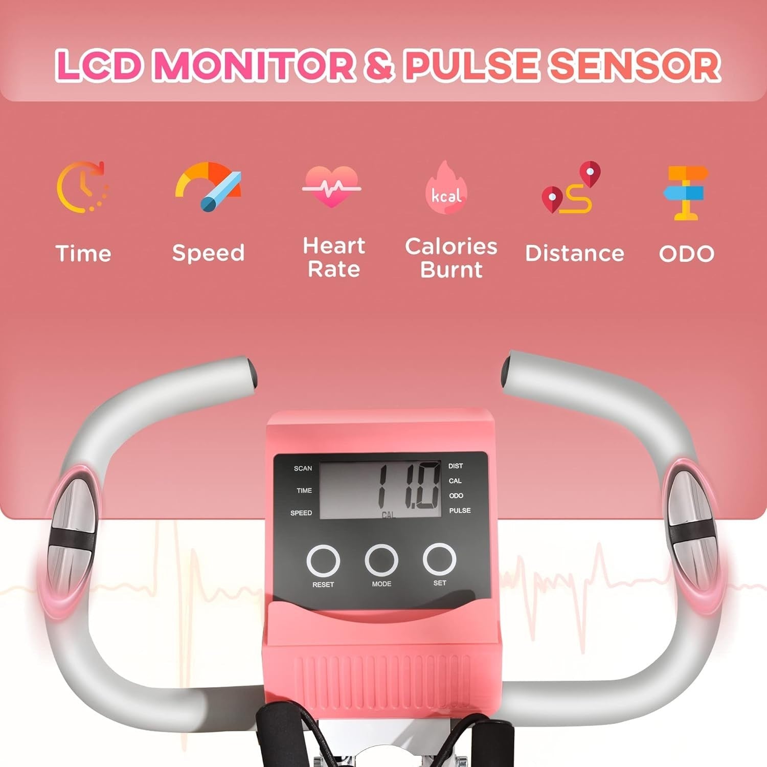 Pink 3-in-1 Folding Exercise Bike Magnetic Resistance LCD Pulse & Bands