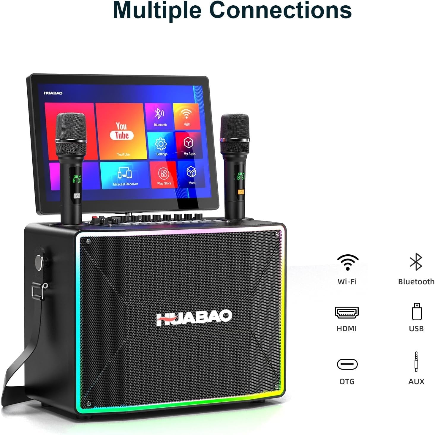 Smart Karaoke Machine 14" Touch Screen 2 Wireless Mics WiFi HDMI