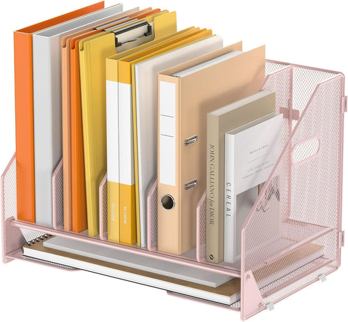 5-Tier Desktop File Organizer Rack | Adjustable Vertical Compartments, Pink