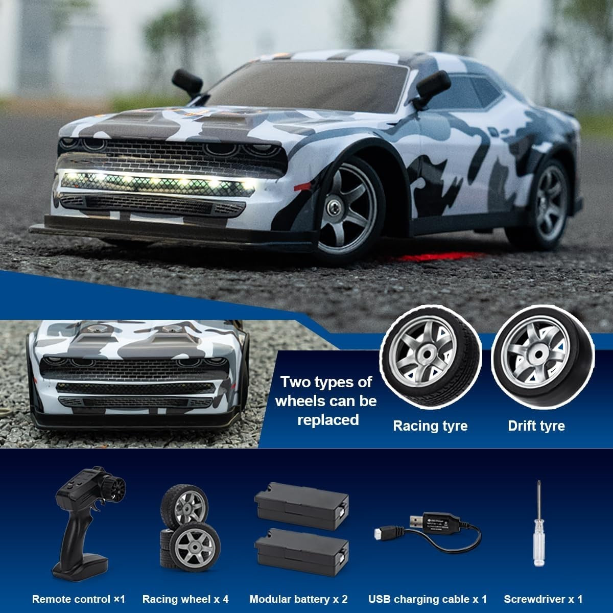 1:16 4WD RC Drift Car 25km/h High Speed w/ LED Lights 2 Batteries Black