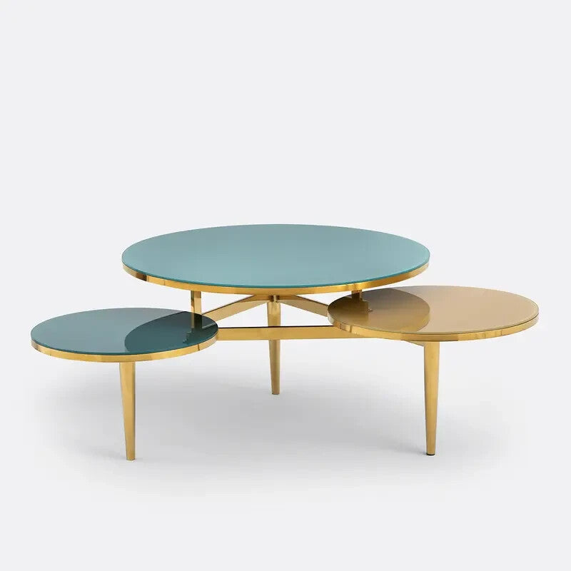 Triple Glass Coffee Table 108cm Tempered Modern Gold Legs Nesting Design
