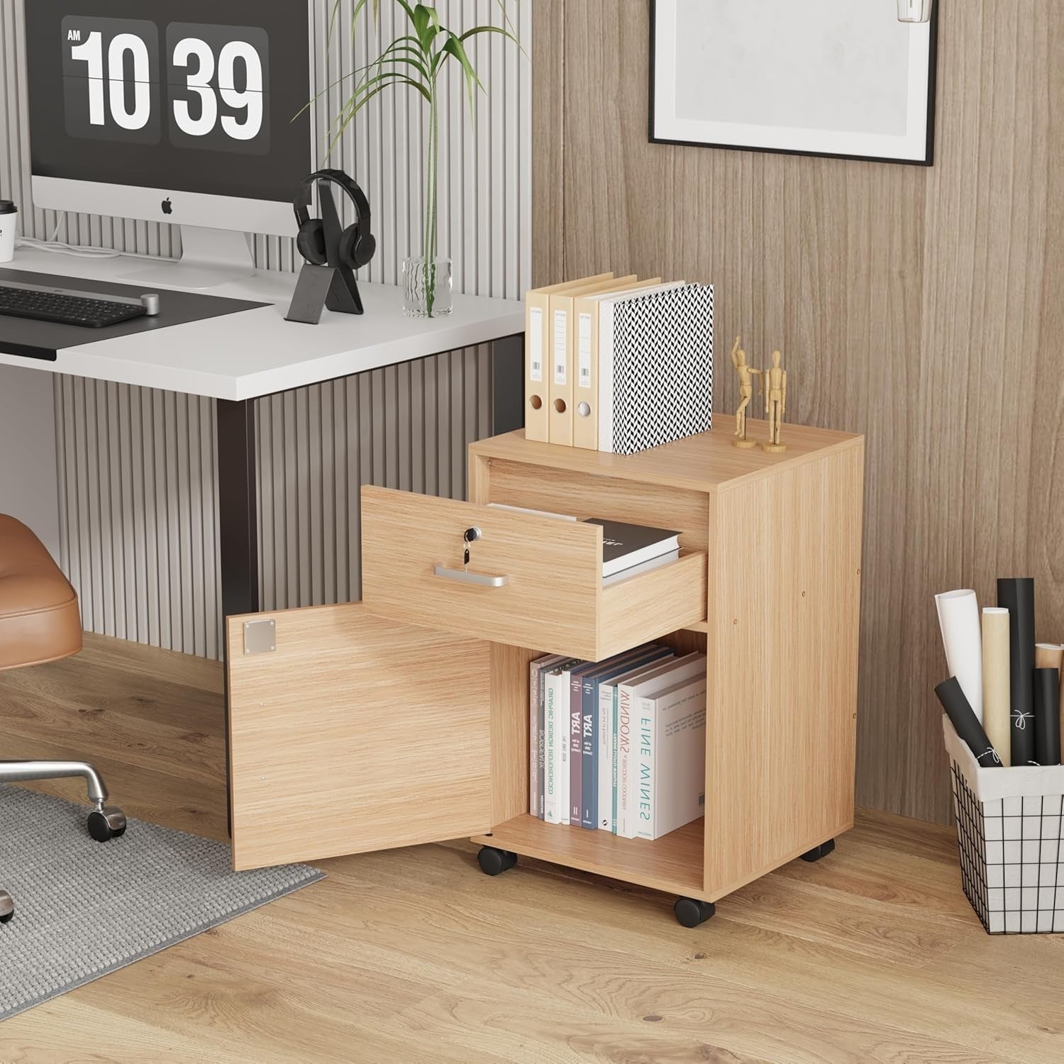 Walnut Lockable Mobile File Cabinet with Door & Drawers Under Desk