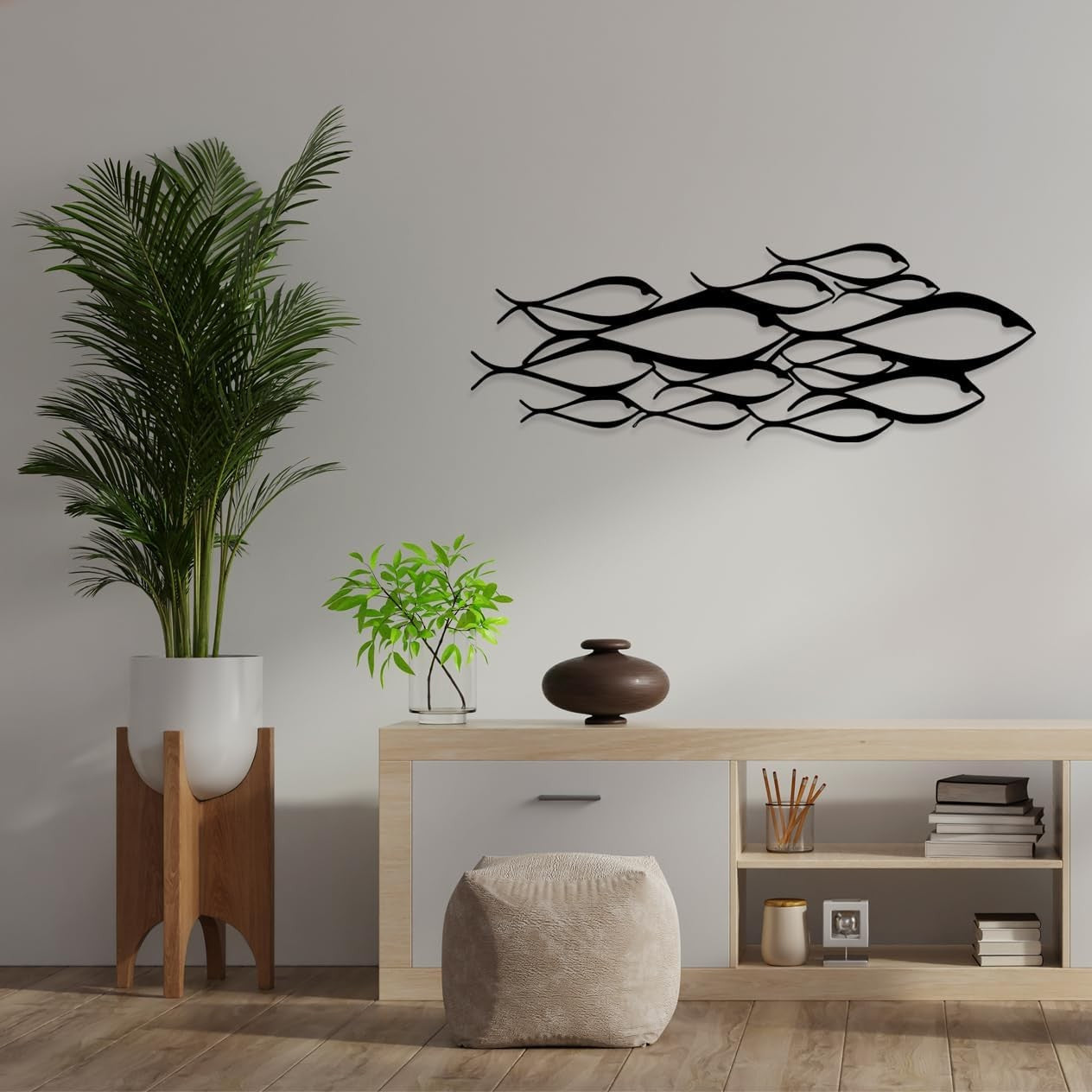 School of Fish Metal Wall Art 98x35.6cm Black Coastal Decor