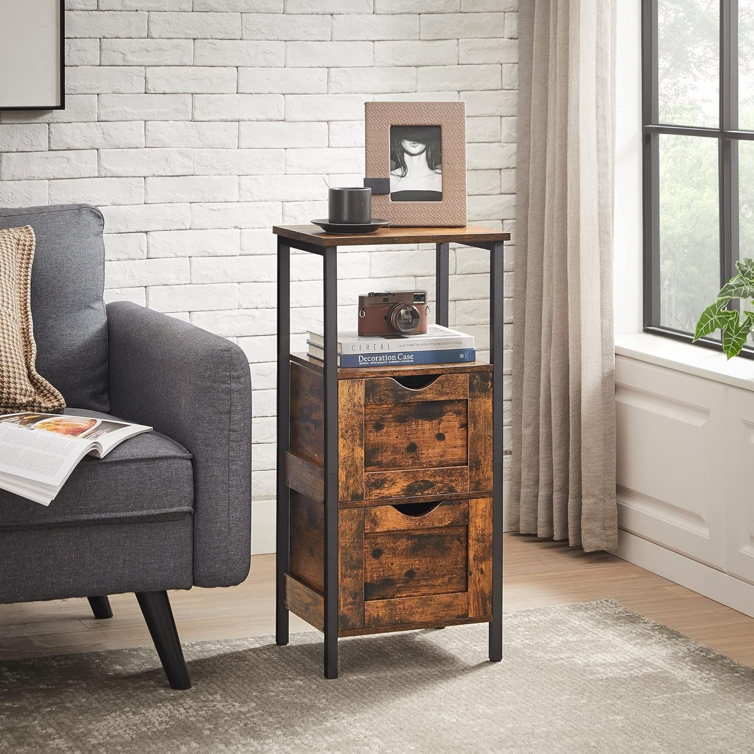 Rustic Brown Bathroom Cabinet – 2 Drawers + Open Shelf Industrial Storage Unit