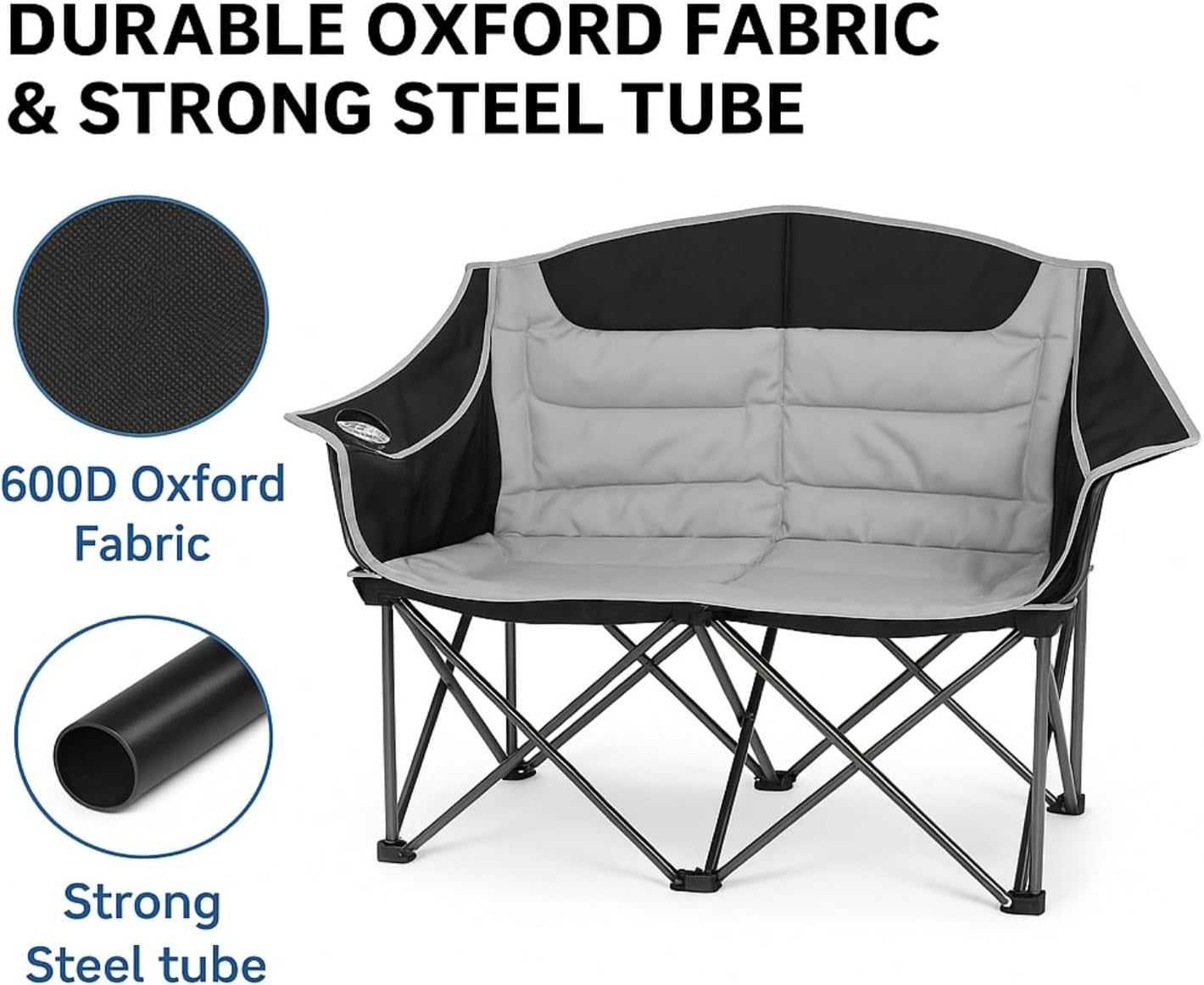 Double Folding Camping Chair | 2 Person Heavy Duty, Cup Holder, Portable