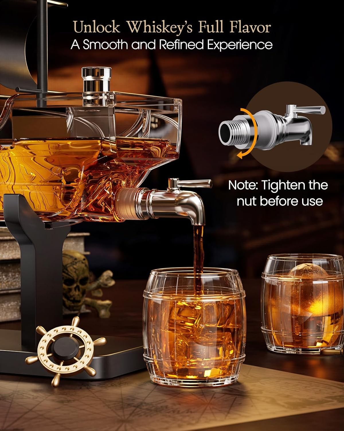 Pirate Ship Whiskey Decanter Set with 2 Glasses | 1L Liquor Dispenser Gift