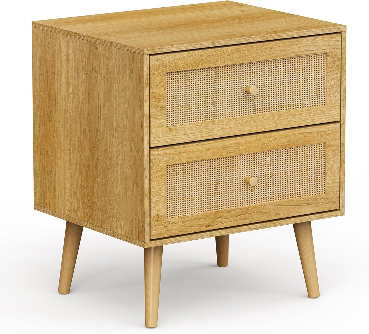 Scandi Rattan Bedside Table with 2 Drawers – Natural Wood Boho Nightstand