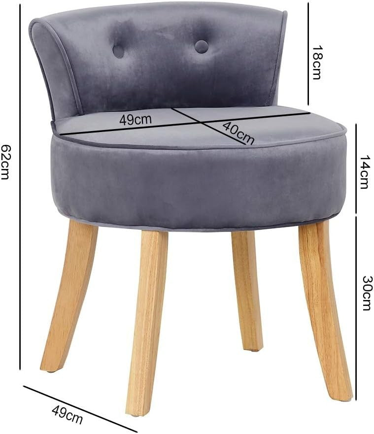 Grey Velvet Low-Back Vanity Chair – Soft Dressing Table Stool with Wood Legs