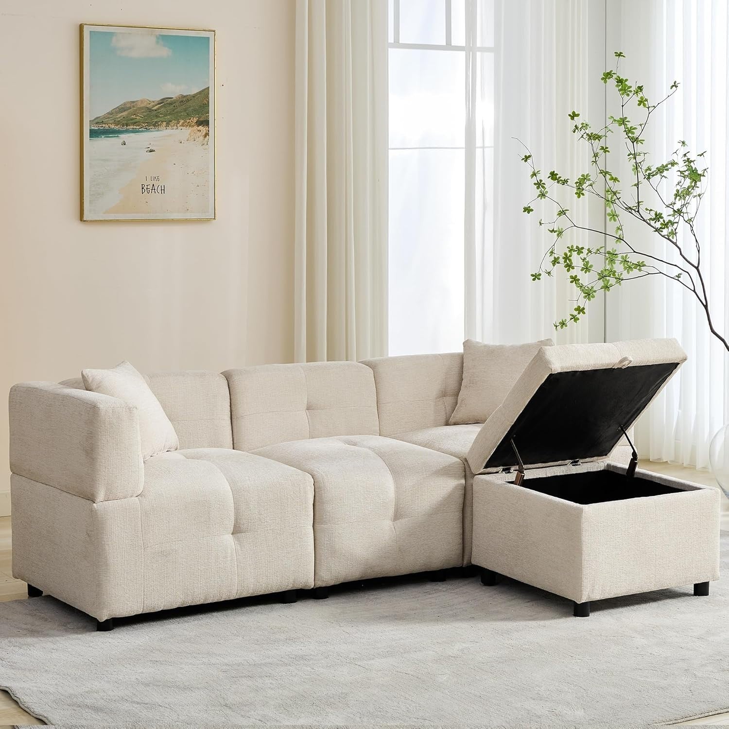 L Shape 3 Seater Sofa Bed with Storage Ottoman Beige Corner Couch Home
