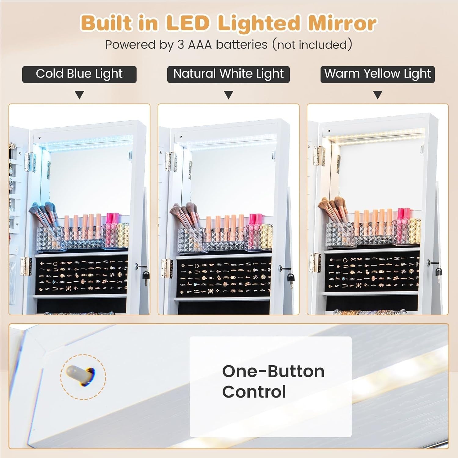 White 360° Swivel Jewelry Cabinet LED Mirror Lockable Rolling Storage