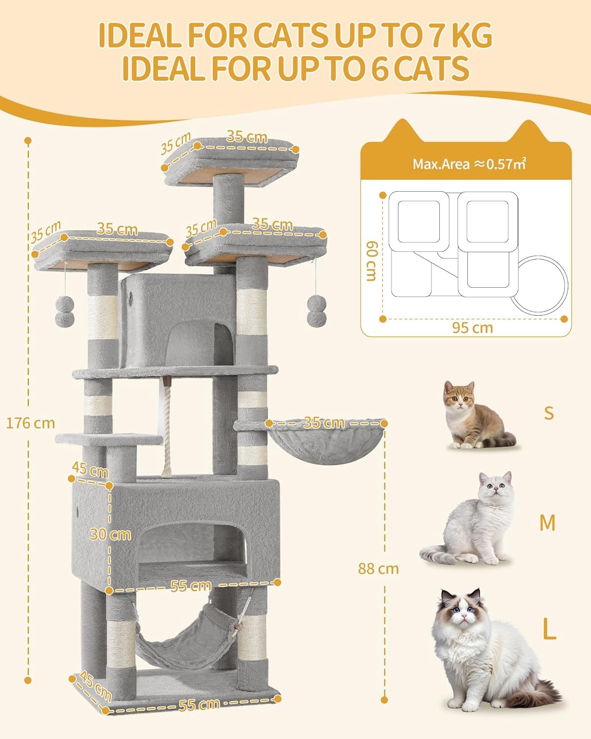 Large Cat Tree 176cm Multi-Level Tower with Condos Hammock Posts