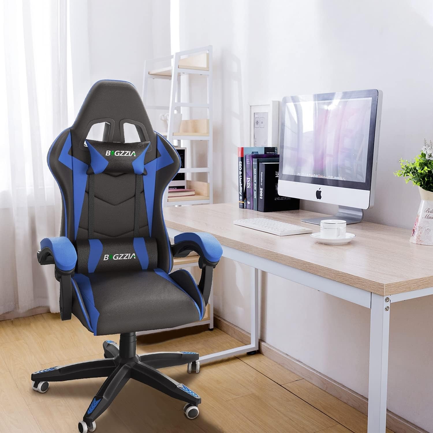 Ergonomic Gaming Chair Blue PU Leather Adjustable Office Chair