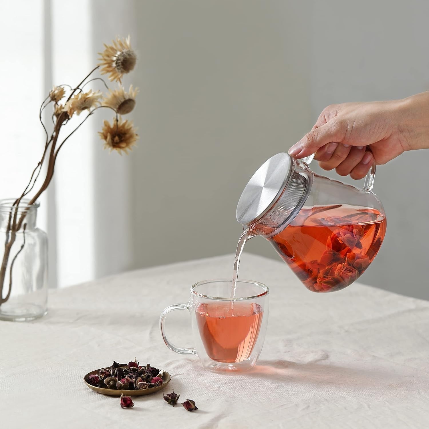 Glass Teapot 600ml Stovetop Safe Tea Pot w/ Stainless Steel Filter Lid