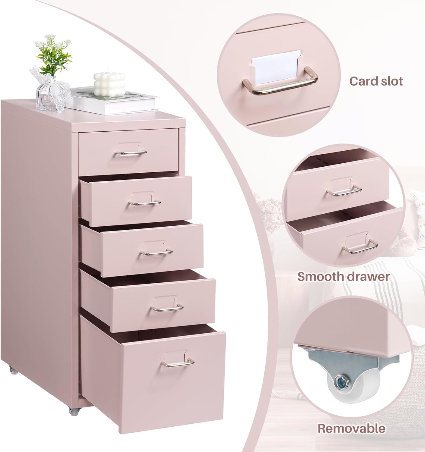 Pink Metal Rolling Drawer Cabinet 5 Tier Under Desk File Storage