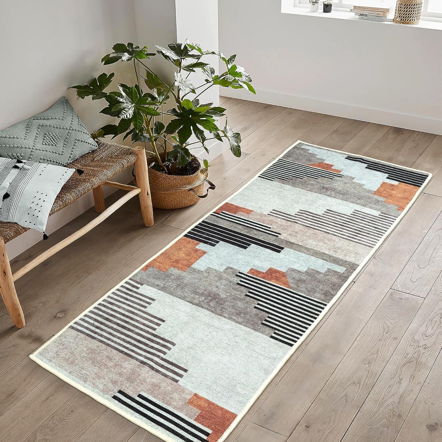Washable Runner Rug 60x240cm Non-Slip Short Pile Modern Staircase Greige Hallway