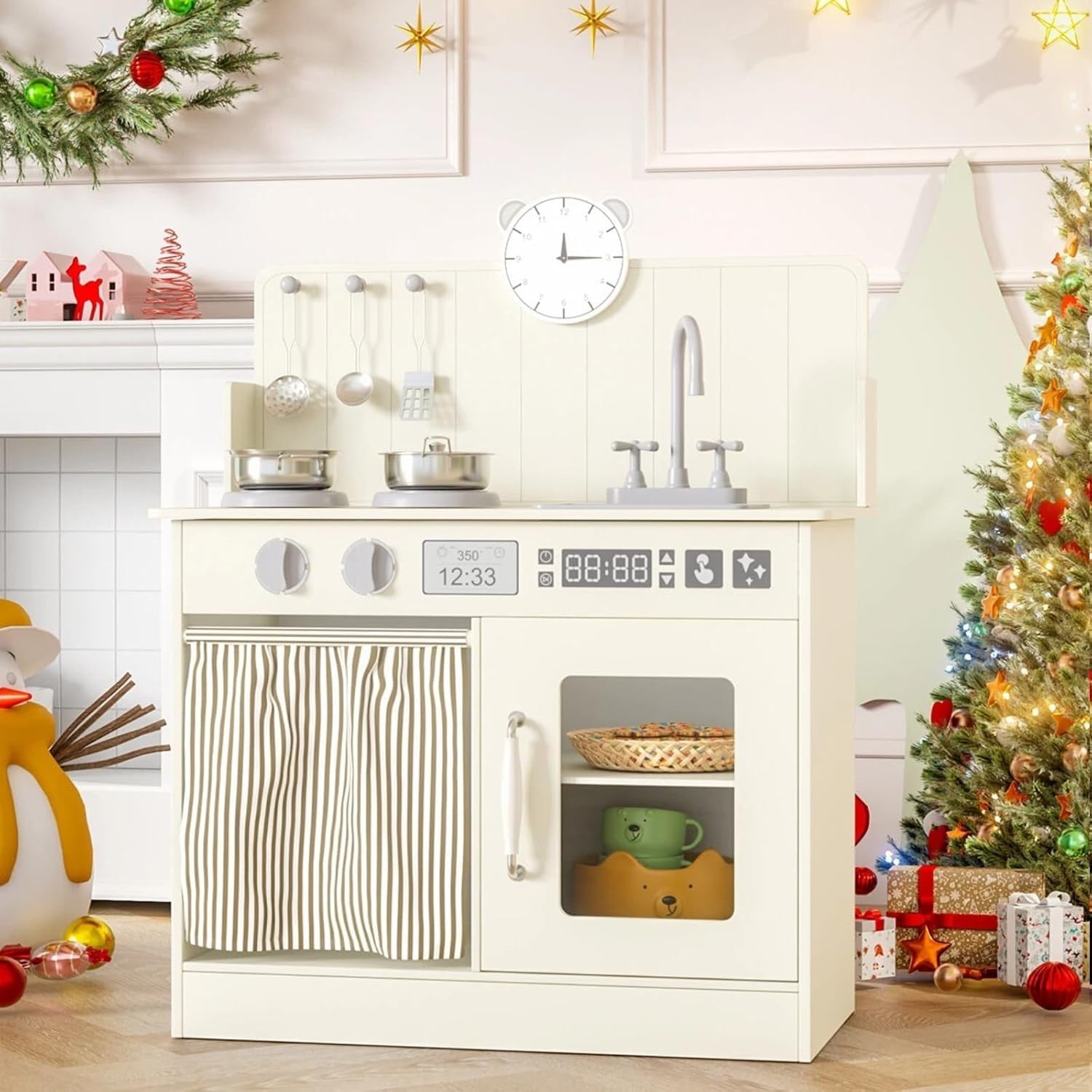 Wooden Kids Play Kitchen Cream Cooker Sink Toy Set w Storage & Clock