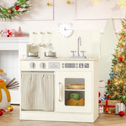 Wooden Kids Play Kitchen Cream Cooker Sink Toy Set w Storage & Clock