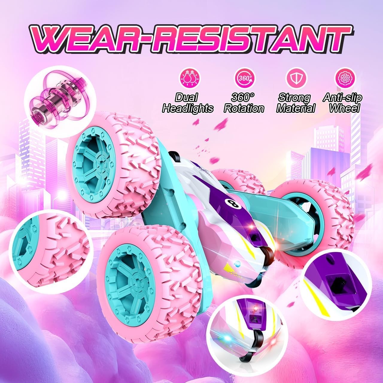 Pink 360° Flip RC Car for Girls 3–8 – Rechargeable Stunt Toy, Gift Idea